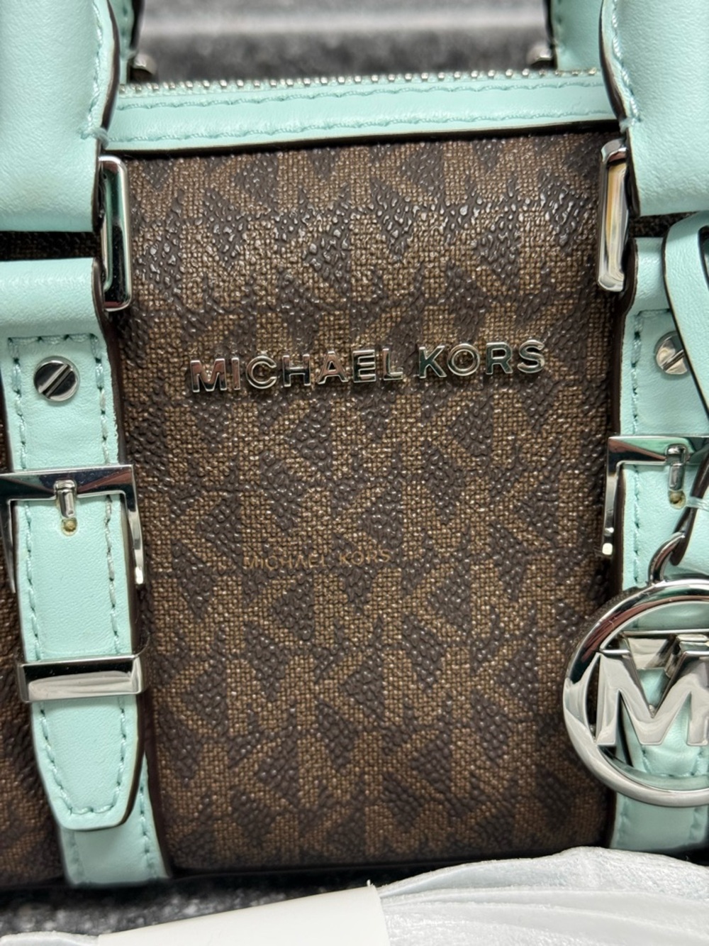 NWT Michael Kors Bedford Legacy XS Logo Duffle Crossbody Bag Brown/Aqua Blue 178 - Picture 2 of 16